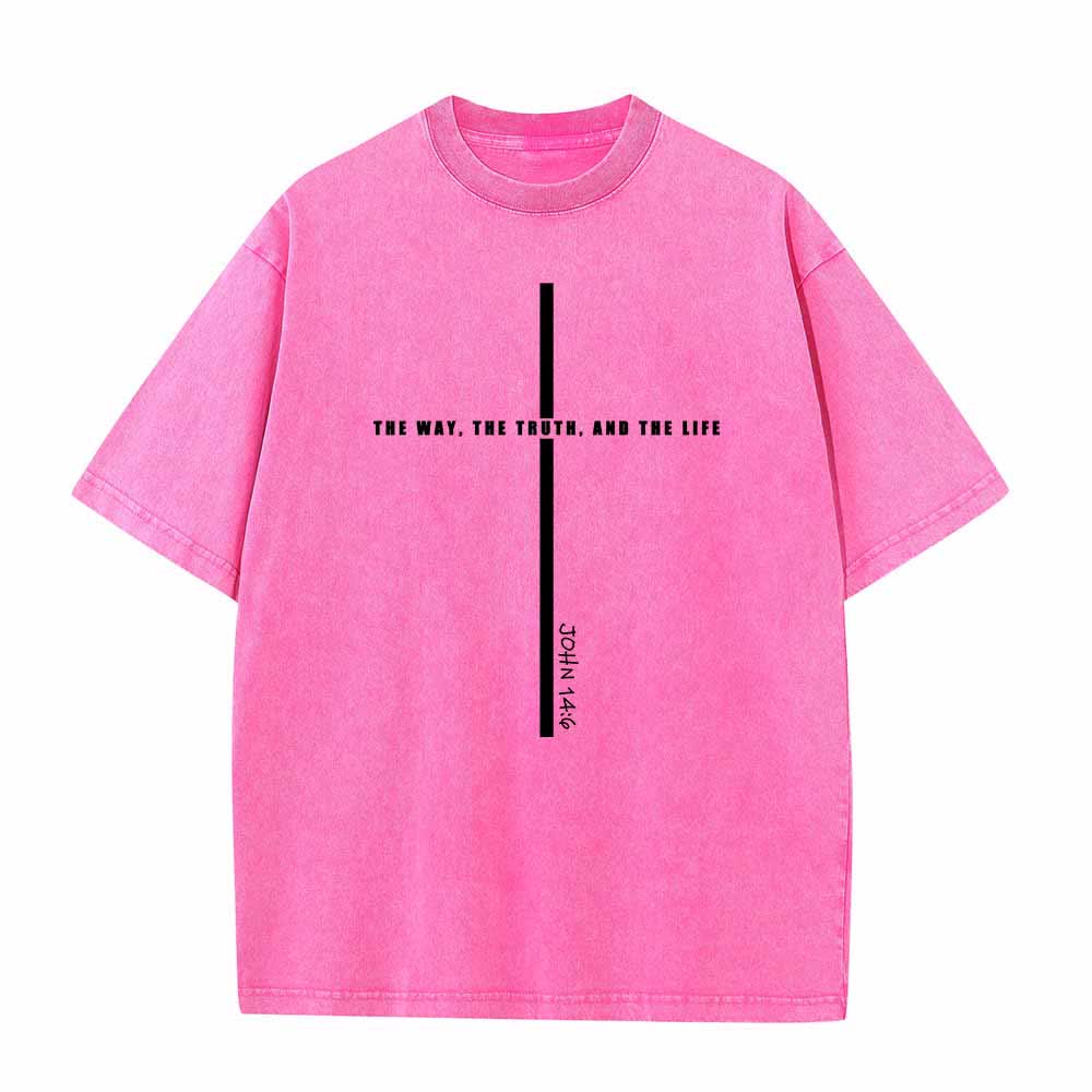 Christianartworkshop Minimal Thin Line Cross The Way The Truth And The Life John 14:6 Front Print Washed T-Shirt - Pink - 5XL - image 1
