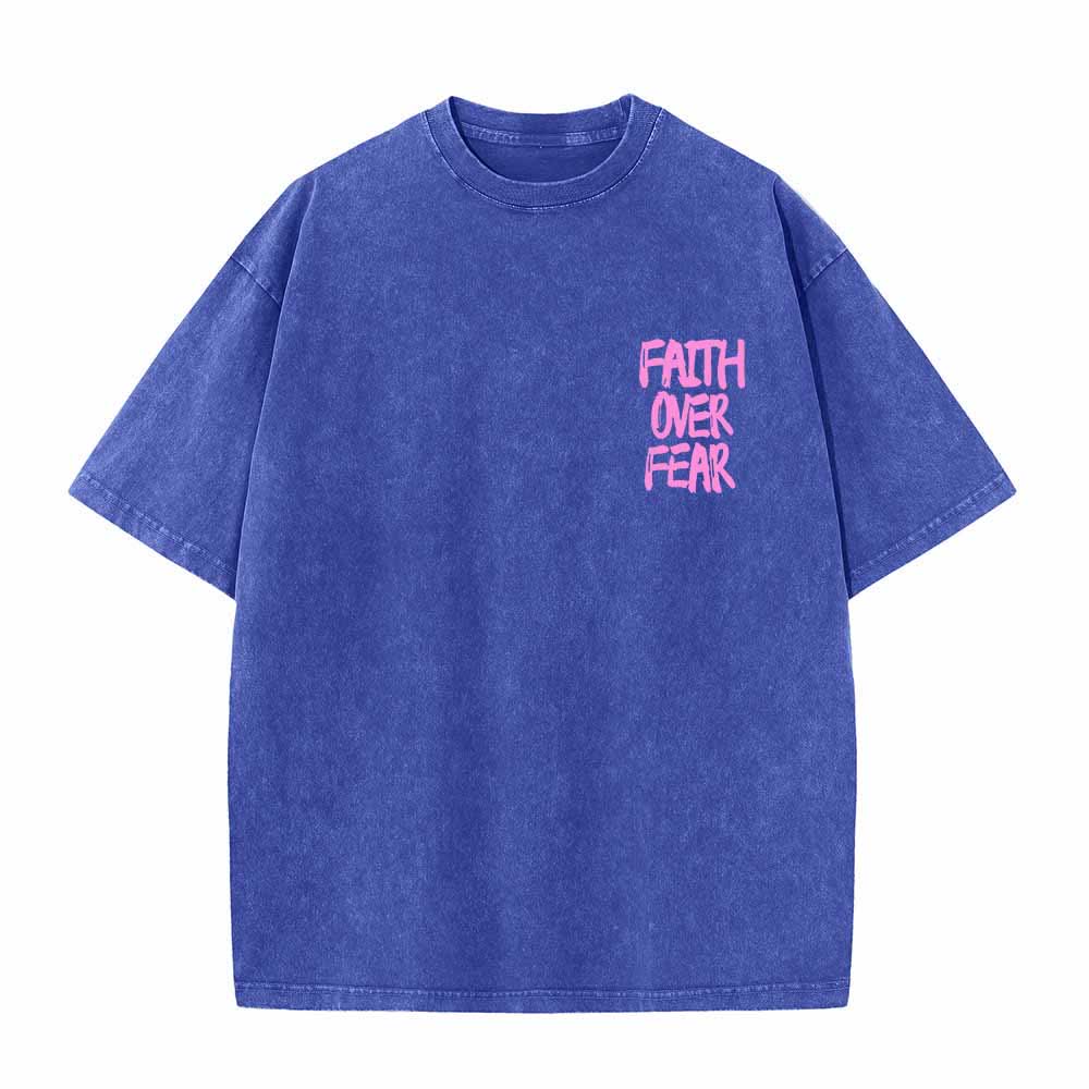 Christianartworkshop Faith Over Fear Brush Stroke Font Front Mini Print Back Large Text Dual-Sided Washed T-Shirt - image 14