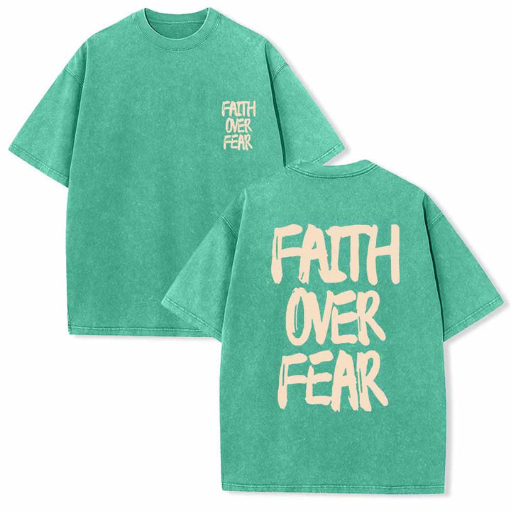 Christianartworkshop Faith Over Fear Brush Stroke Font Front Mini Print Back Large Text Dual-Sided Washed T-Shirt - Green - 5XL - image 21