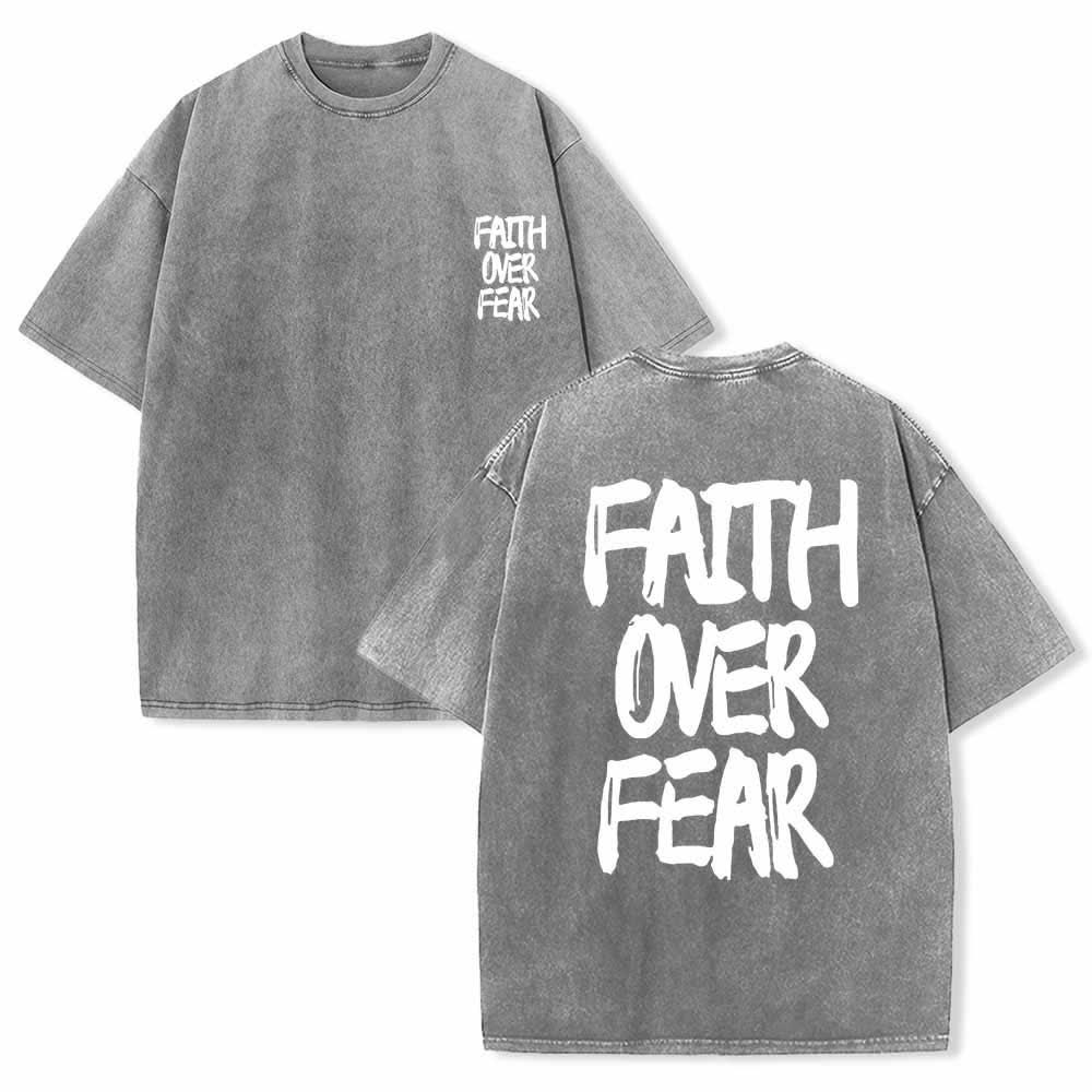 Christianartworkshop Faith Over Fear Brush Stroke Font Front Mini Print Back Large Text Dual-Sided Washed T-Shirt - Grey - 5XL - image 18