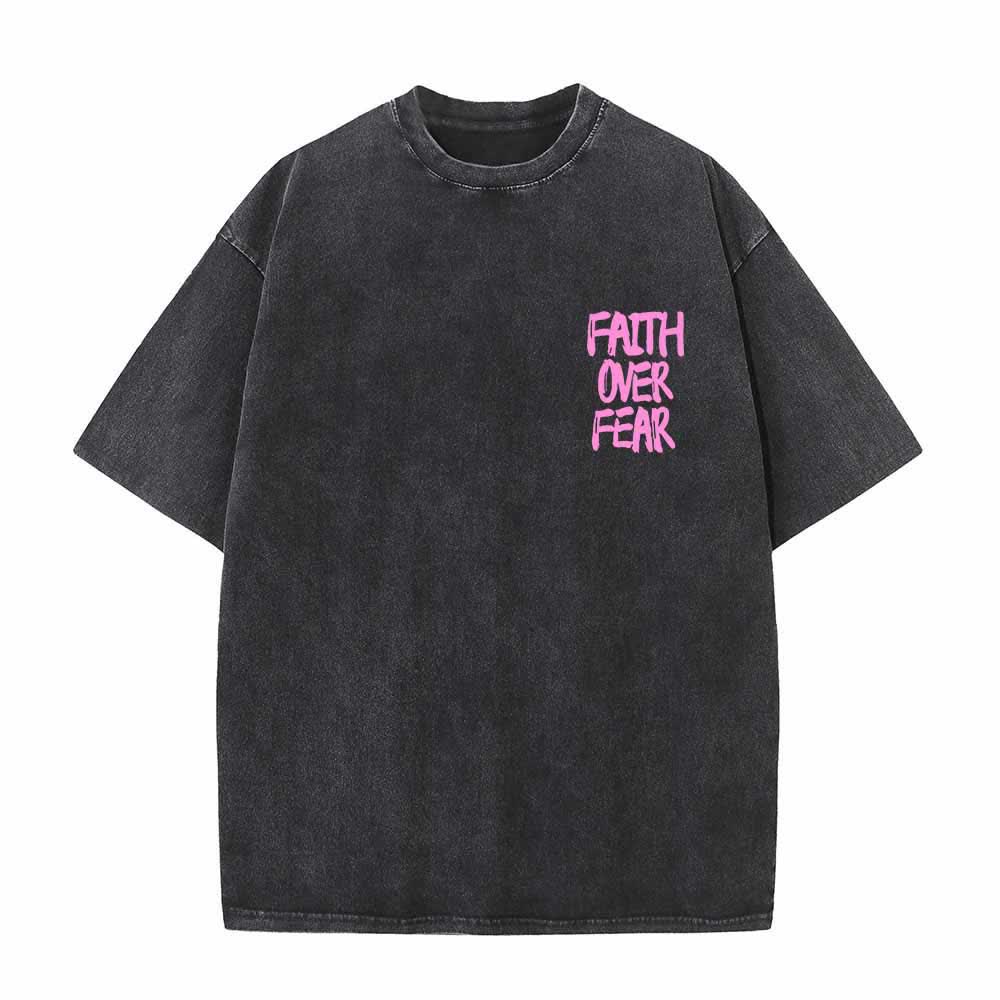 Christianartworkshop Faith Over Fear Brush Stroke Font Front Mini Print Back Large Text Dual-Sided Washed T-Shirt - image 26