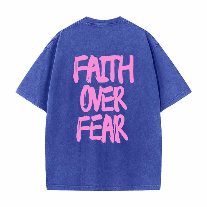 Christianartworkshop Faith Over Fear Brush Stroke Font Front Mini Print Back Large Text Dual-Sided Washed T-Shirt - image 13