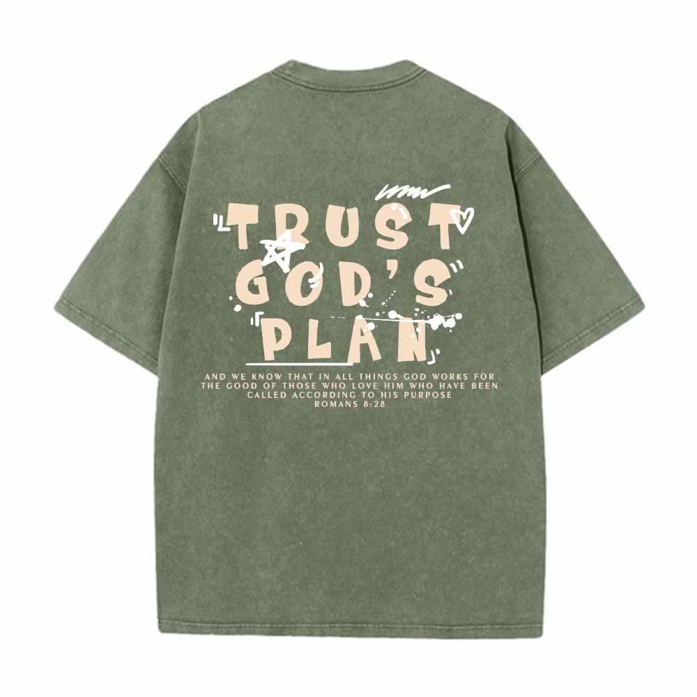 Christianartworkshop Trust God's Plan Graffiti Font Front Mini Print Back Large Text Romans 8:28 Dual-Sided Washed T-Shirt - image 16