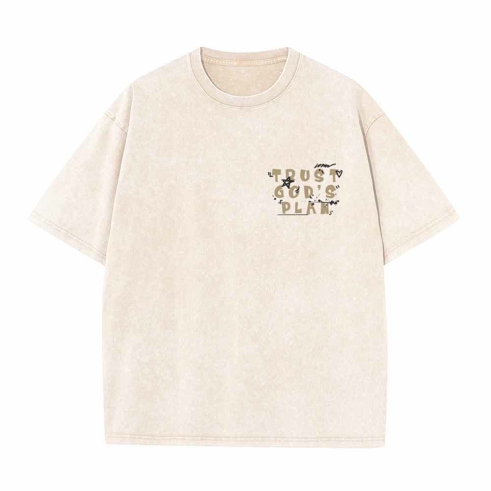 Christianartworkshop Trust God's Plan Graffiti Font Front Mini Print Back Large Text Romans 8:28 Dual-Sided Washed T-Shirt - image 8