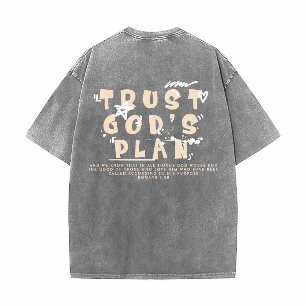 Christianartworkshop Trust God's Plan Graffiti Font Front Mini Print Back Large Text Romans 8:28 Dual-Sided Washed T-Shirt - image 25