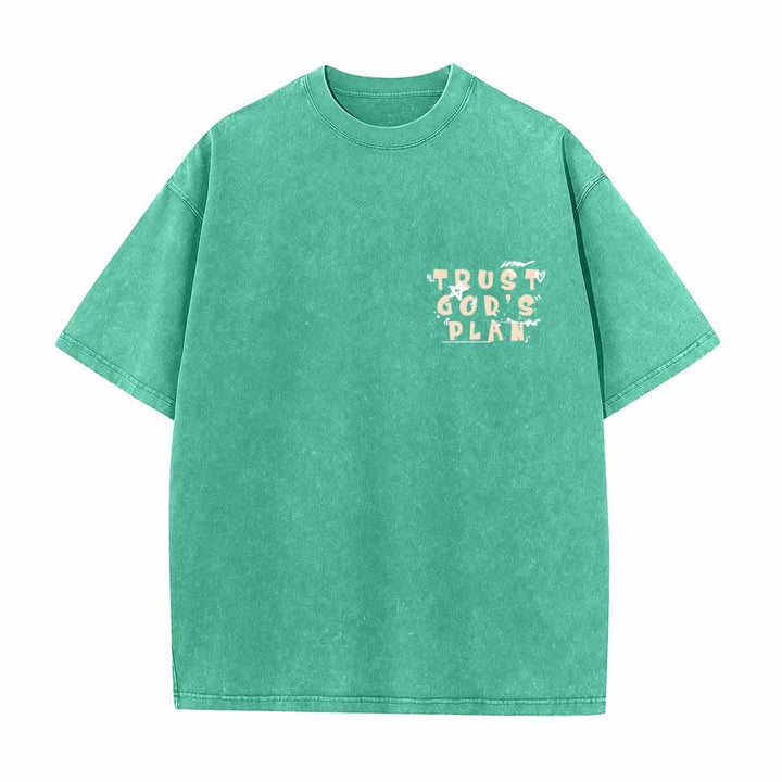 Christianartworkshop Trust God's Plan Graffiti Font Front Mini Print Back Large Text Romans 8:28 Dual-Sided Washed T-Shirt - image 2
