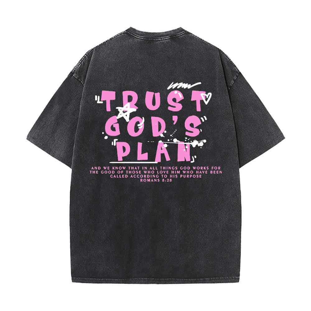 Christianartworkshop Trust God's Plan Graffiti Font Front Mini Print Back Large Text Romans 8:28 Dual-Sided Washed T-Shirt - image 4