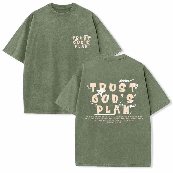 Christianartworkshop Trust God's Plan Graffiti Font Front Mini Print Back Large Text Romans 8:28 Dual-Sided Washed T-Shirt - Army Green - 5XL - image 15