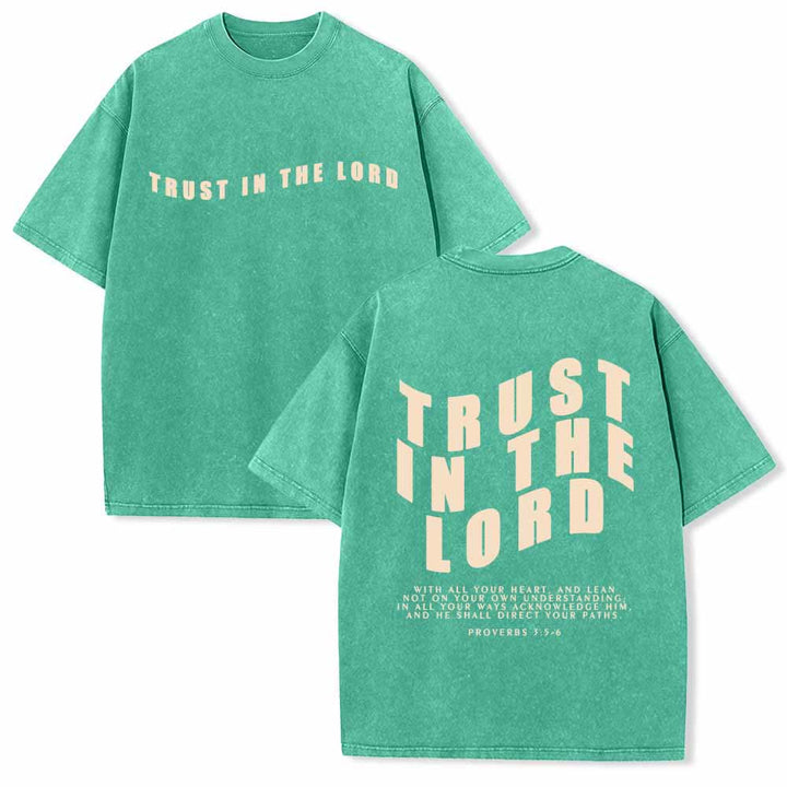 Christianartworkshop Trust In The Lord Straight Front Arch Back Proverbs 3:5-6 Dual-Sided Washed T-Shirt - Green - 5XL - image 3