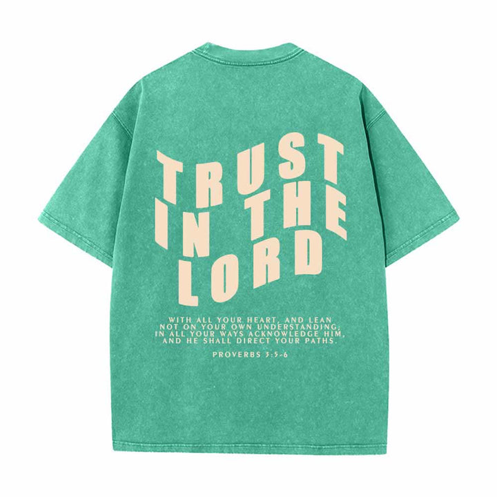 Christianartworkshop Trust In The Lord Straight Front Arch Back Proverbs 3:5-6 Dual-Sided Washed T-Shirt - image 4