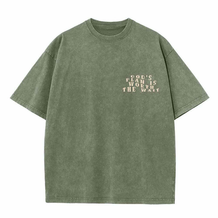 Christianartworkshop God's Plan Is Worth The Wait Front Mini Stack Text Back Arch Large Font Dual-Sided Washed T-Shirt - image 23