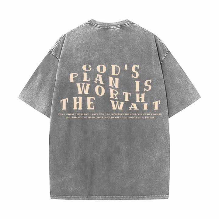 Christianartworkshop God's Plan Is Worth The Wait Front Mini Stack Text Back Arch Large Font Dual-Sided Washed T-Shirt - image 4