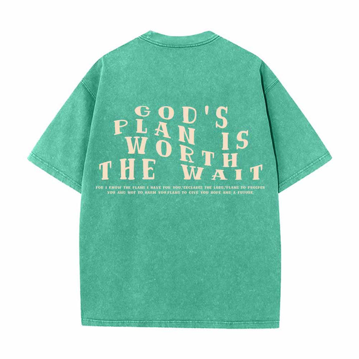 Christianartworkshop God's Plan Is Worth The Wait Front Mini Stack Text Back Arch Large Font Dual-Sided Washed T-Shirt - image 7