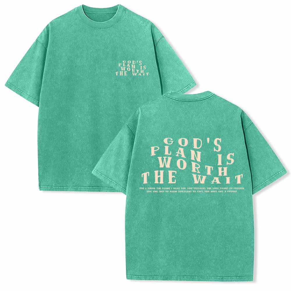 Christianartworkshop God's Plan Is Worth The Wait Front Mini Stack Text Back Arch Large Font Dual-Sided Washed T-Shirt - Green - 5XL - image 6