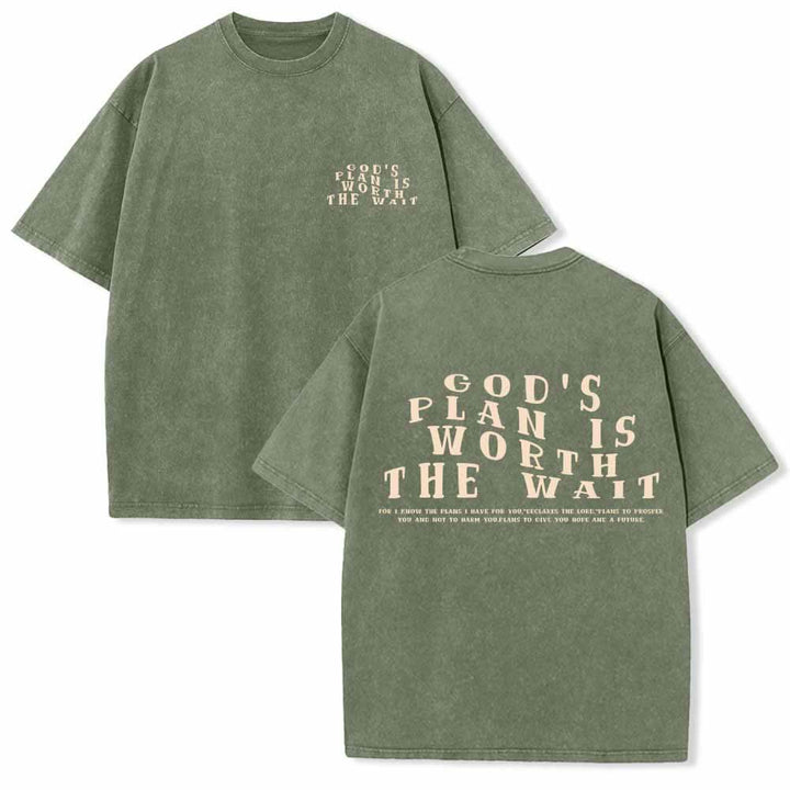 Christianartworkshop God's Plan Is Worth The Wait Front Mini Stack Text Back Arch Large Font Dual-Sided Washed T-Shirt - Army Green - 5XL - image 21