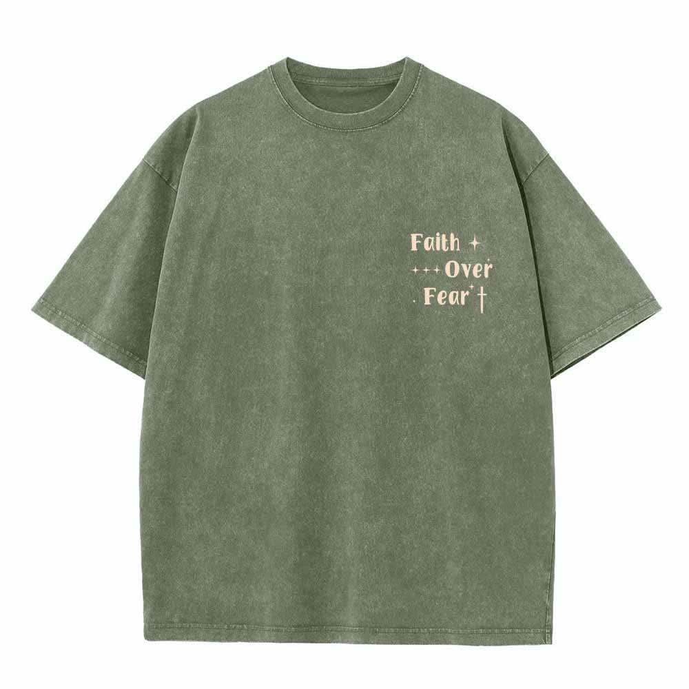 Christianartworkshop Faith Over Fear Star Cross Accent Front Mini Print Back Large Text Dual-Sided Washed T-Shirt - image 26
