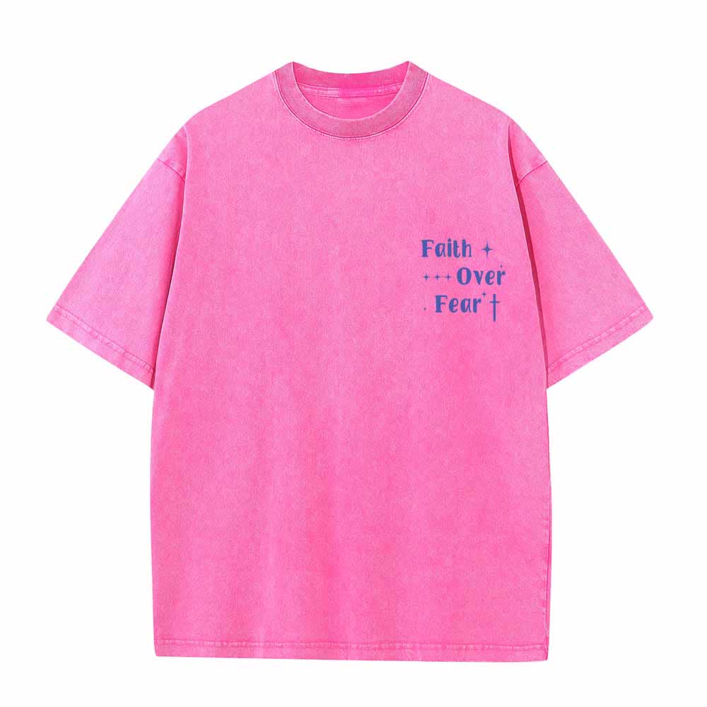 Christianartworkshop Faith Over Fear Star Cross Accent Front Mini Print Back Large Text Dual-Sided Washed T-Shirt - image 23