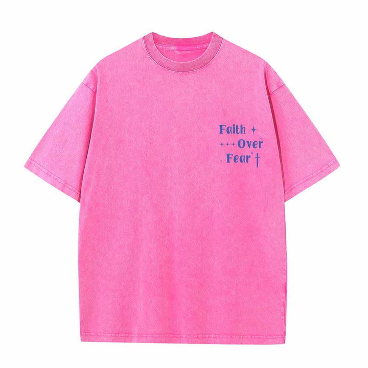 Christianartworkshop Faith Over Fear Star Cross Accent Front Mini Print Back Large Text Dual-Sided Washed T-Shirt - image 23