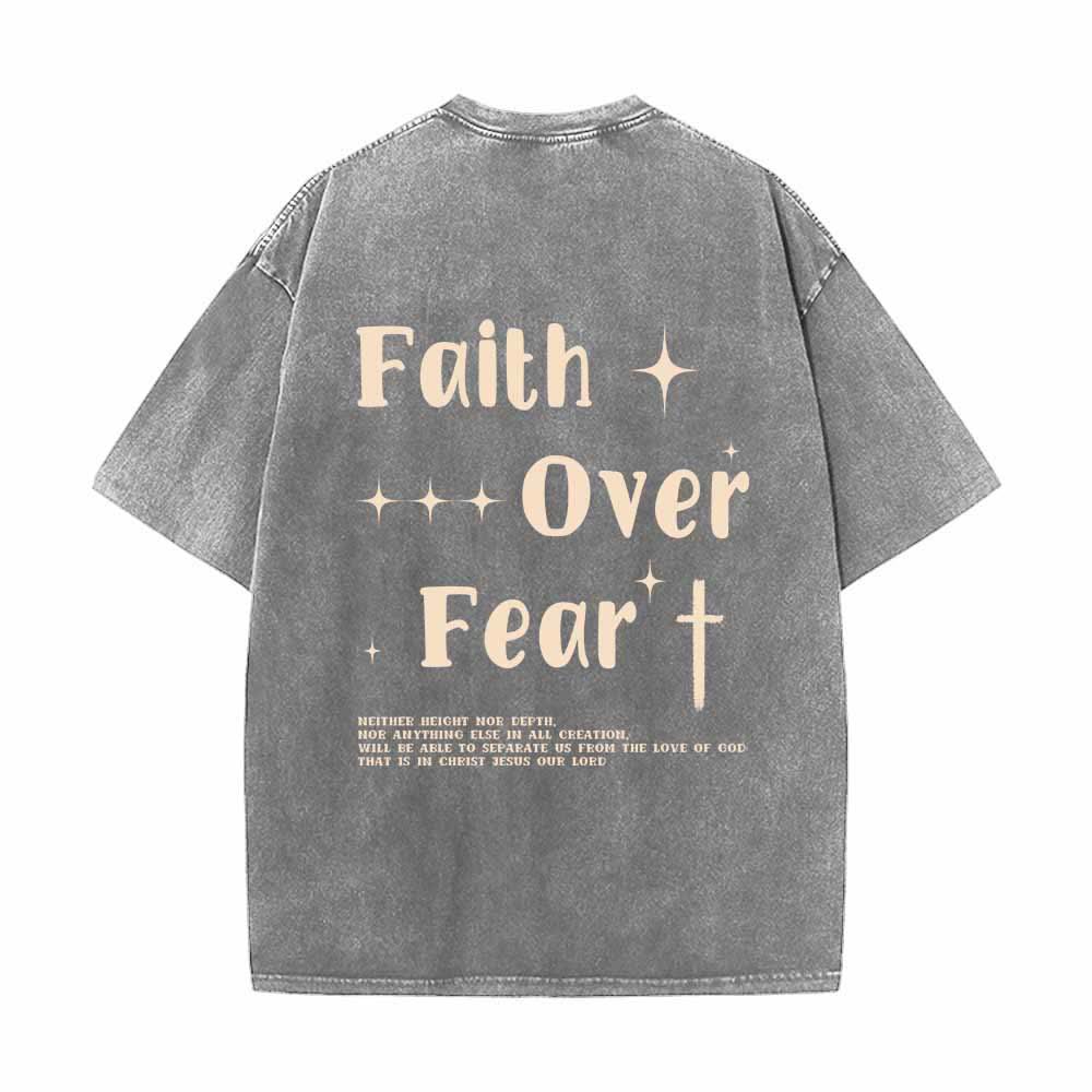 Christianartworkshop Faith Over Fear Star Cross Accent Front Mini Print Back Large Text Dual-Sided Washed T-Shirt - image 7