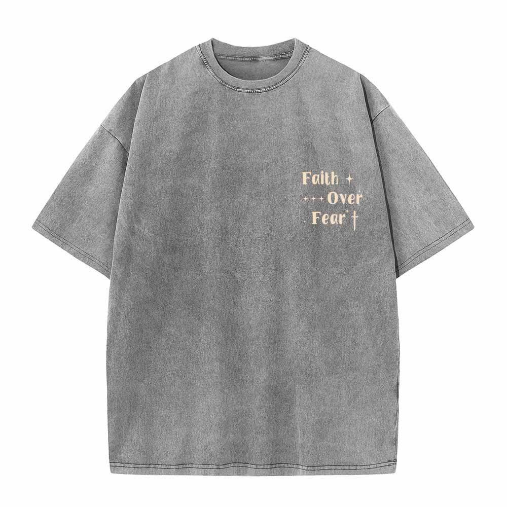 Christianartworkshop Faith Over Fear Star Cross Accent Front Mini Print Back Large Text Dual-Sided Washed T-Shirt - image 8