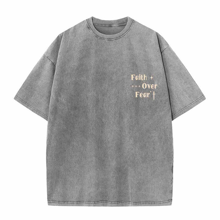 Christianartworkshop Faith Over Fear Star Cross Accent Front Mini Print Back Large Text Dual-Sided Washed T-Shirt - image 8