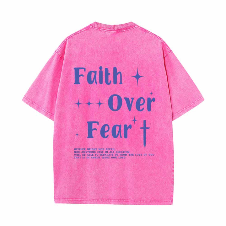 Christianartworkshop Faith Over Fear Star Cross Accent Front Mini Print Back Large Text Dual-Sided Washed T-Shirt - image 22
