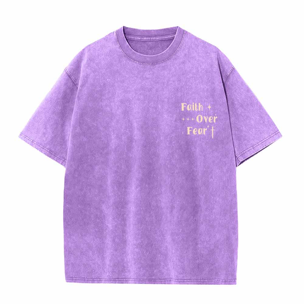 Christianartworkshop Faith Over Fear Star Cross Accent Front Mini Print Back Large Text Dual-Sided Washed T-Shirt - image 20