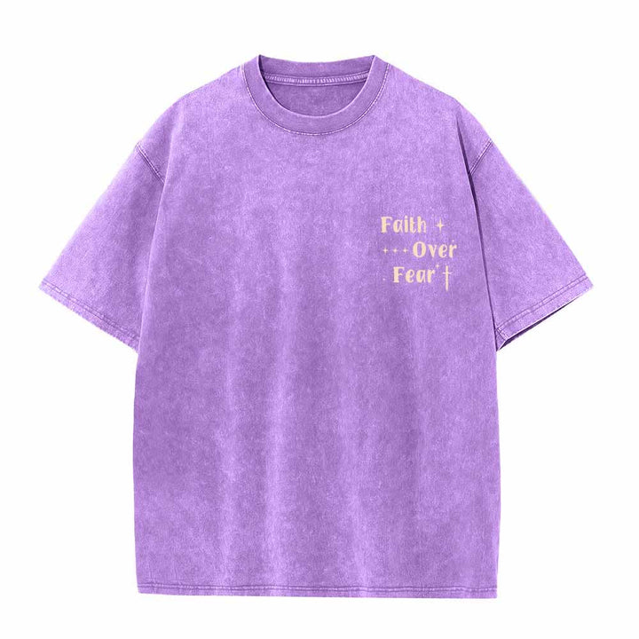 Christianartworkshop Faith Over Fear Star Cross Accent Front Mini Print Back Large Text Dual-Sided Washed T-Shirt - image 20