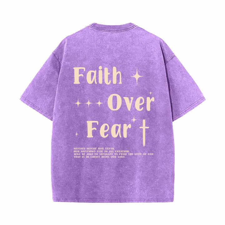 Christianartworkshop Faith Over Fear Star Cross Accent Front Mini Print Back Large Text Dual-Sided Washed T-Shirt - image 19