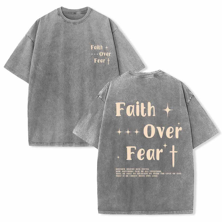 Christianartworkshop Faith Over Fear Star Cross Accent Front Mini Print Back Large Text Dual-Sided Washed T-Shirt - Grey - 5XL - image 6