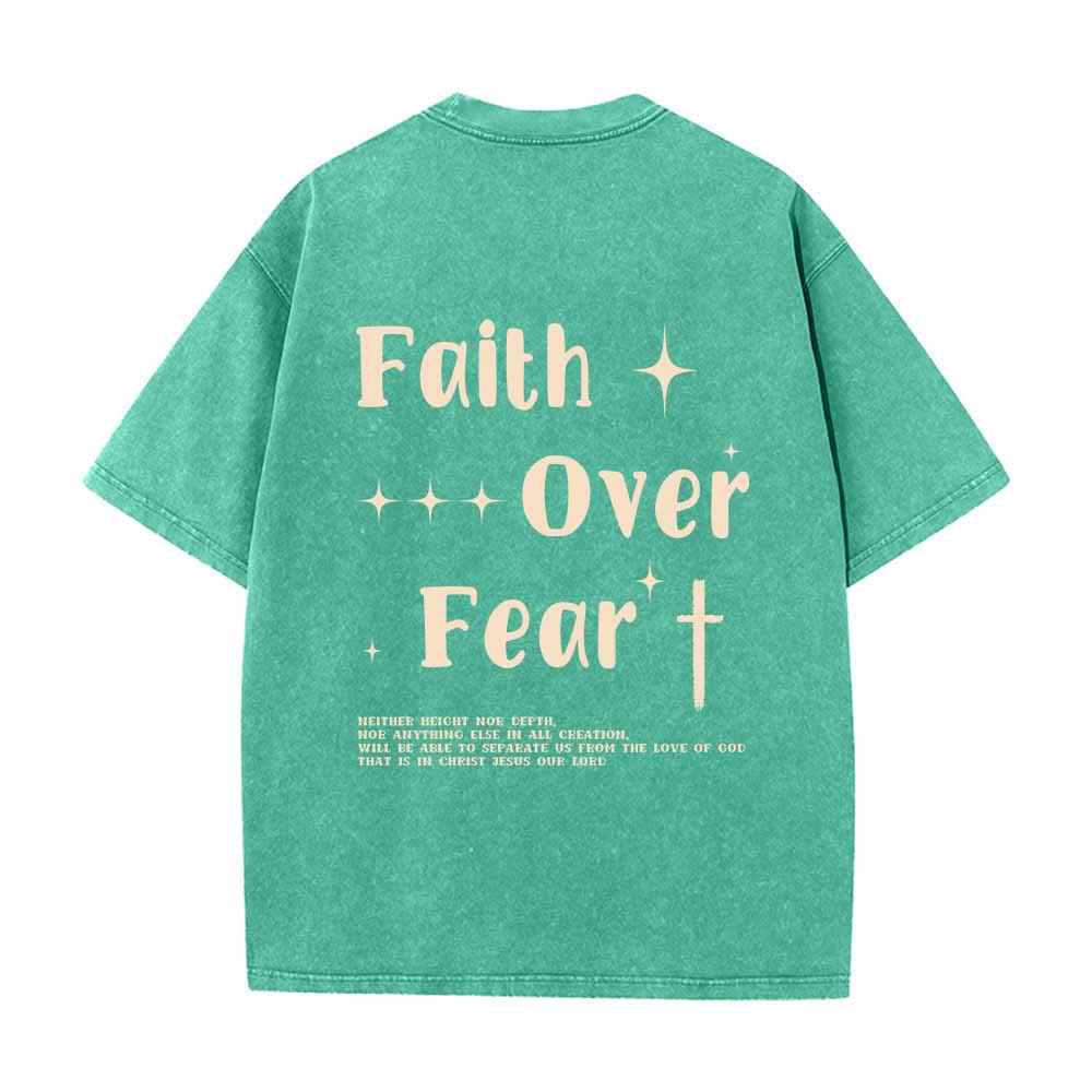 Christianartworkshop Faith Over Fear Star Cross Accent Front Mini Print Back Large Text Dual-Sided Washed T-Shirt - image 10