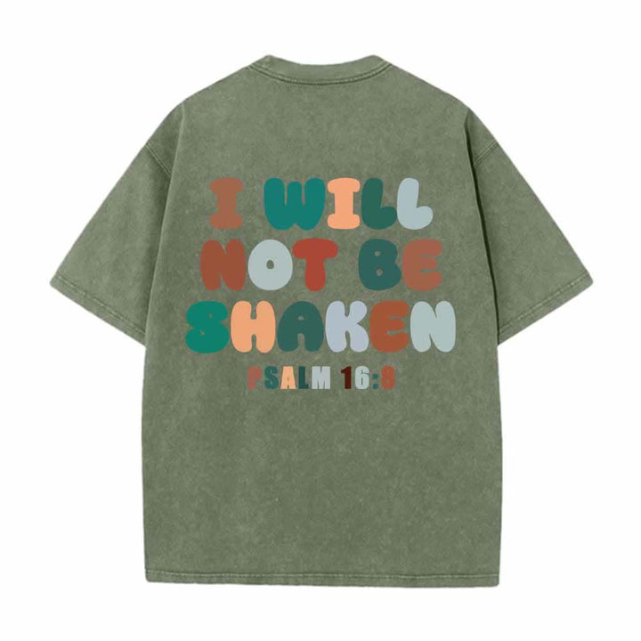 Christianartworkshop I Will Not Be Shaken Slant Shoulder Script Front Multicolor Bubble Letter Back Psalm 16:8 Dual-Sided Washed T-Shirt - image 1