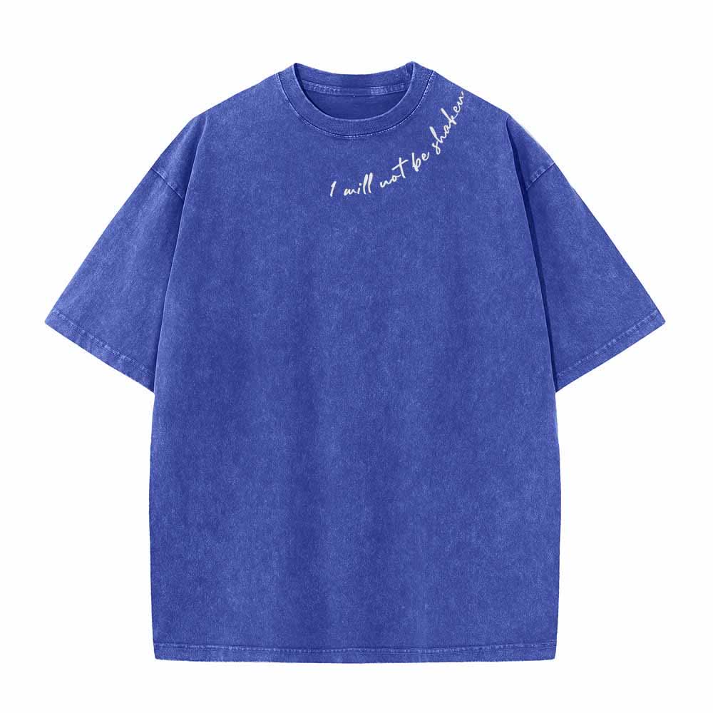 Christianartworkshop I Will Not Be Shaken Slant Shoulder Script Front Multicolor Bubble Letter Back Psalm 16:8 Dual-Sided Washed T-Shirt - image 5