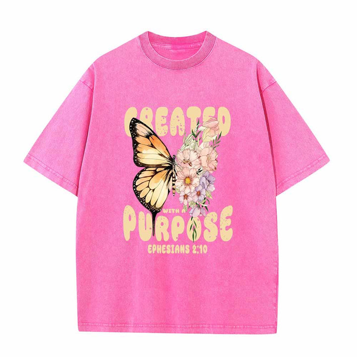 Christianartworkshop Created With A Purpose Monarch Butterfly Pastel Wildflower Ephesians 2:10 Front Print Washed T-Shirt - Pink - 5XL - image 0