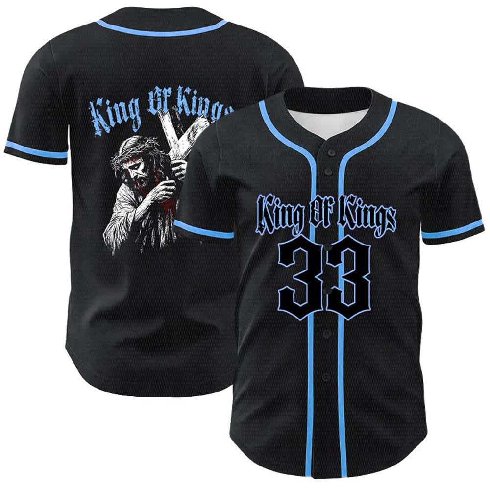 Christianartworkshop King Of Kings Number 33 Jesus Carrying Cross Unisex Baseball Jersey - Blue - 5XL - image 12