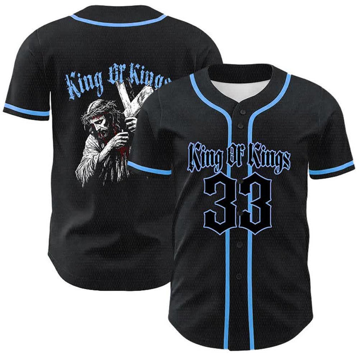 Christianartworkshop King Of Kings Number 33 Jesus Carrying Cross Unisex Baseball Jersey - Blue - 5XL - image 12