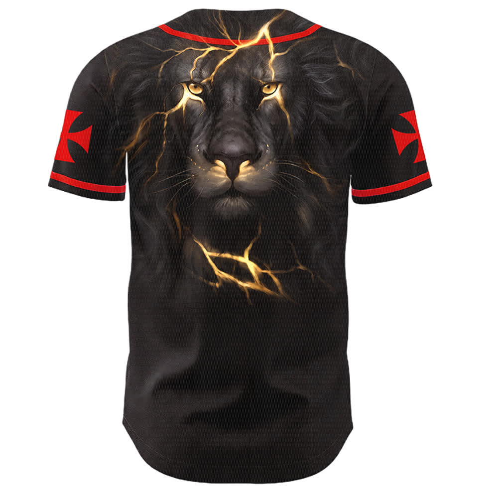 Christianartworkshop Front Vertical Jesus Nail Cross Emblem Back Lightning Lion Of Judah Portrait Button-Up Baseball Jersey - image 2