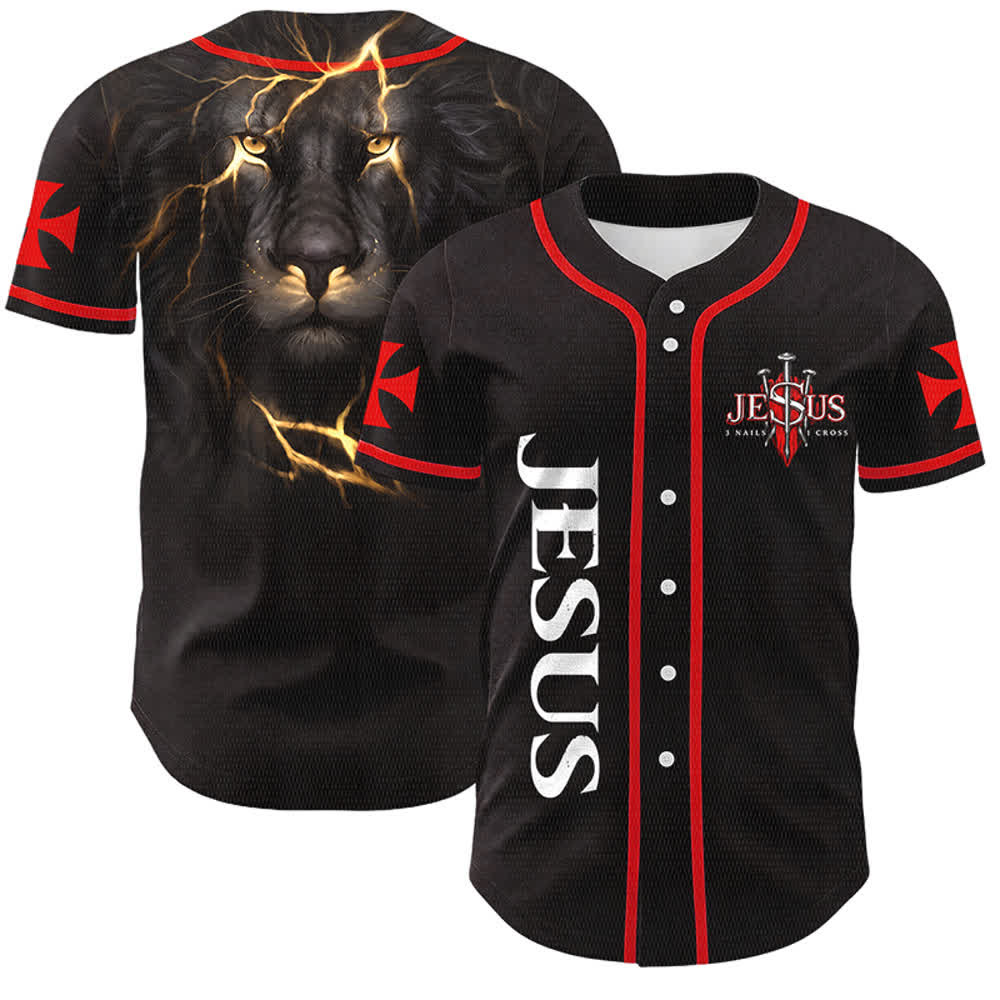 Christianartworkshop Front Vertical Jesus Nail Cross Emblem Back Lightning Lion Of Judah Portrait Button-Up Baseball Jersey - image 0