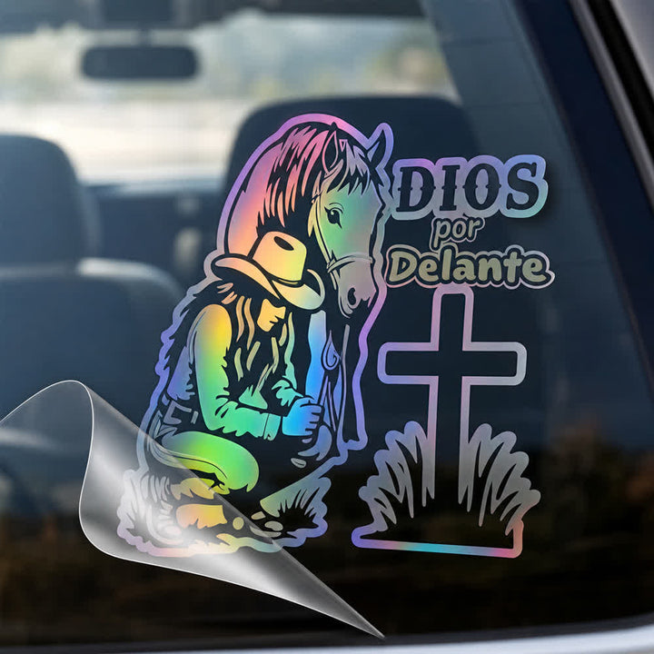 Christianartworkshop Spanish Religious Dios Por Delante Cowgirl & Cross Car Sticker - image 4