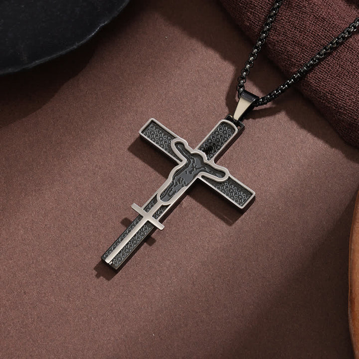 Christianartworkshop Layered Hollow Cutout Crucifix Box Chain Necklace With Textured Inlay Panel: Emblem of Boundless Heavenly Mercy - Black - image 3