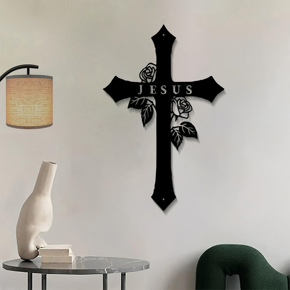 Christianartworkshop Rose Vine Sacred Cross With JESUS Lettering Metal Wall Decor: Symbol of Everlasting Divine Love - image 2