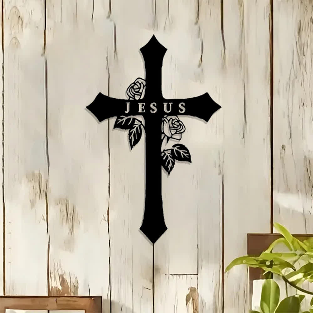 Christianartworkshop Rose Vine Sacred Cross With JESUS Lettering Metal Wall Decor: Symbol of Everlasting Divine Love - image 0