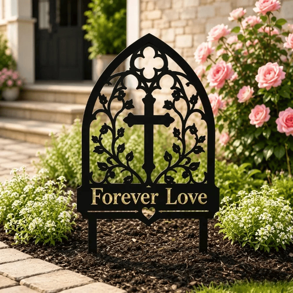 Christianartworkshop Gothic Arch Vine Cross Forever Love Memorial Metal Garden Stake: Symbol of Everlasting Divine Love - 20.47''*14.17''*0.06''/52*36*0.15cm - image 0