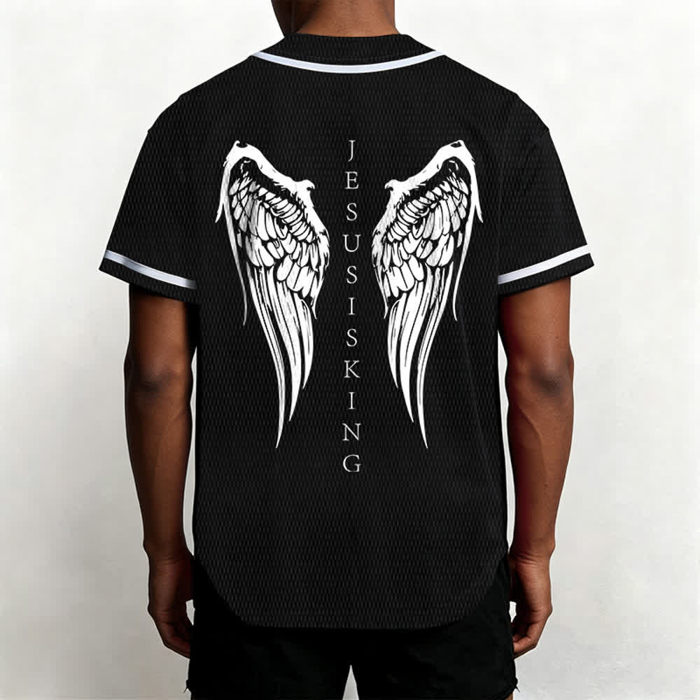 Christianartworkshop Jesus Is King Angel Wings Cross Faith Statement Custom Baseball Jersey - image 5
