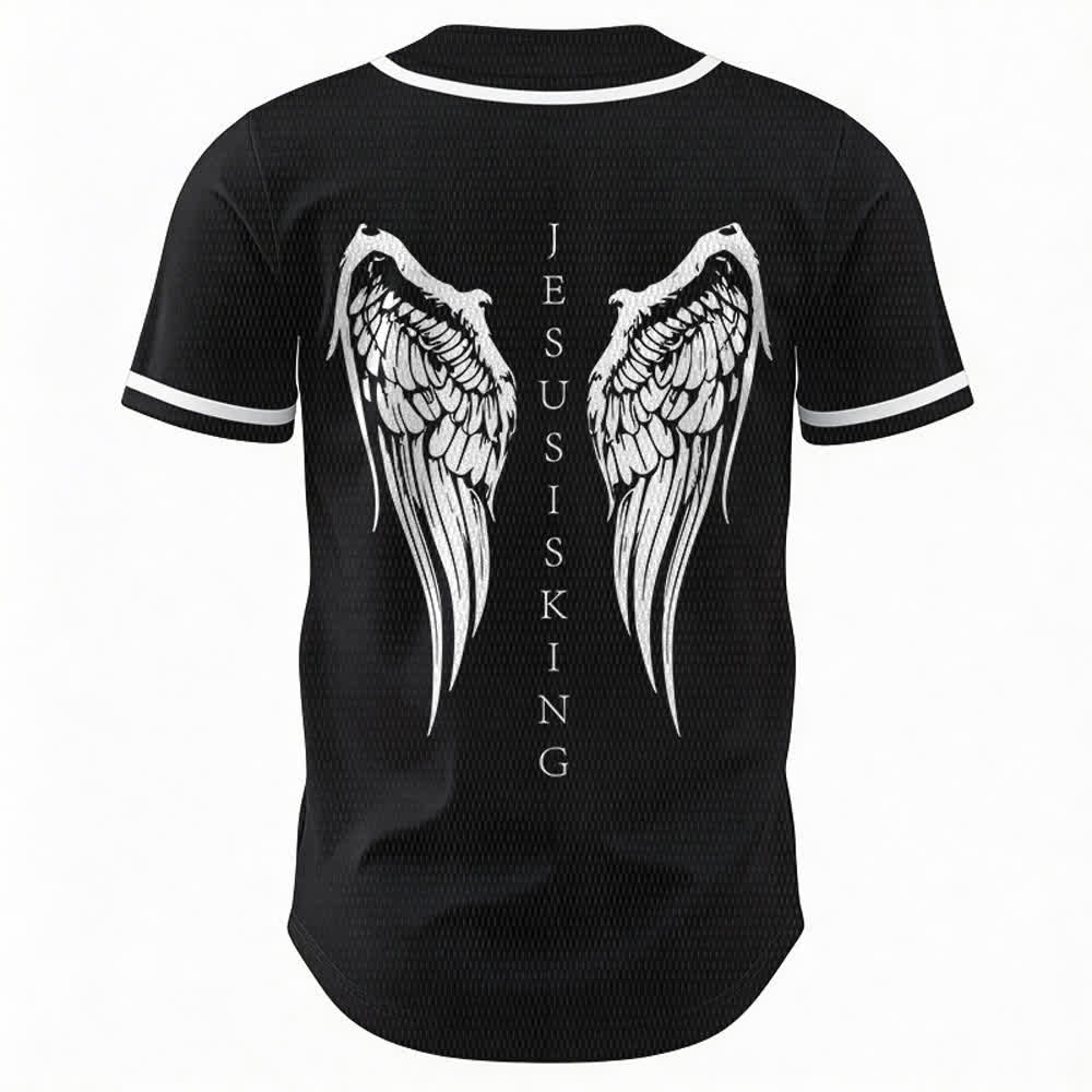 Christianartworkshop Jesus Is King Angel Wings Cross Faith Statement Custom Baseball Jersey - image 1