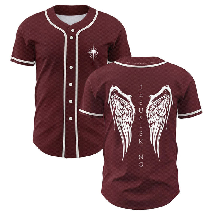 Christianartworkshop Jesus Is King Angel Wings Cross Faith Statement Custom Baseball Jersey - Wine - 5XL - image 35