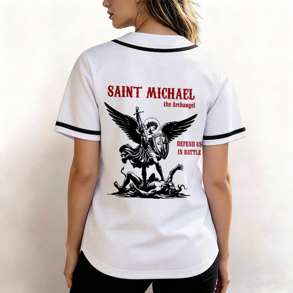 Christianartworkshop St.Michael Archangel Defend Us Unisex Baseball Jersey - image 5