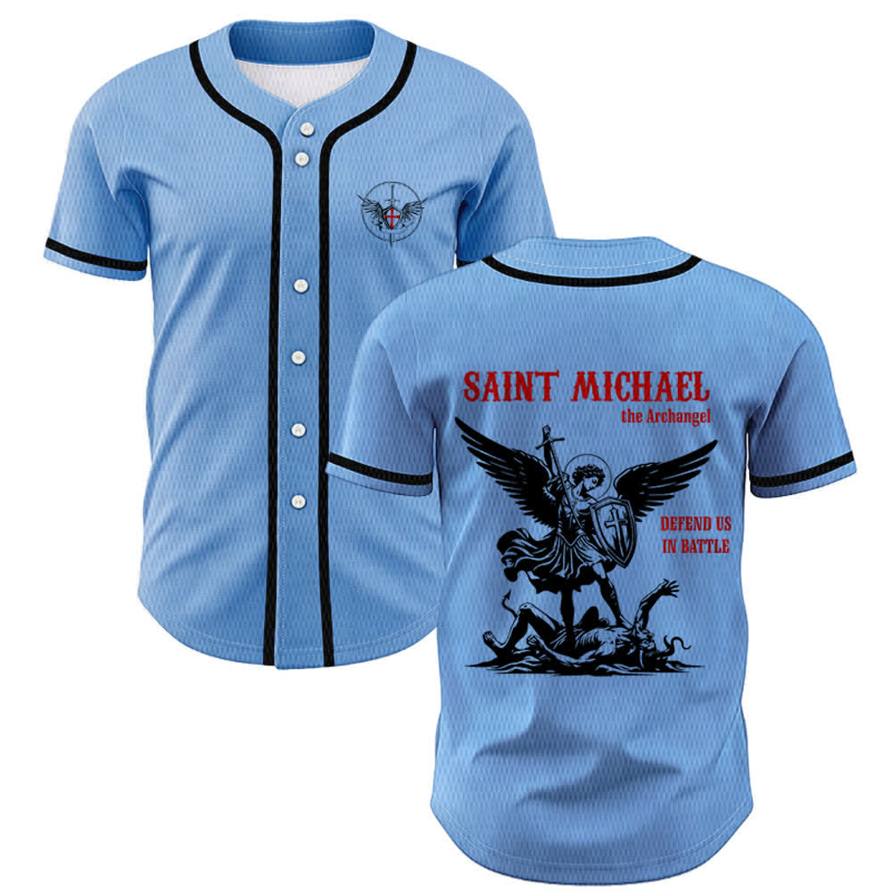 Christianartworkshop St.Michael Archangel Defend Us Unisex Baseball Jersey - Blue - 5XL - image 28