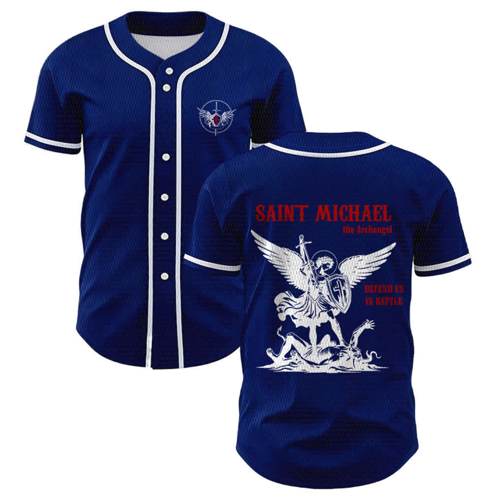 Christianartworkshop St.Michael Archangel Defend Us Unisex Baseball Jersey - Navy Blue - 5XL - image 35