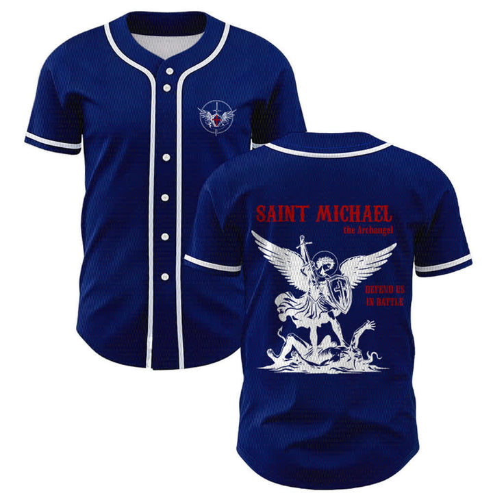 Christianartworkshop St.Michael Archangel Defend Us Unisex Baseball Jersey - Navy Blue - 5XL - image 35